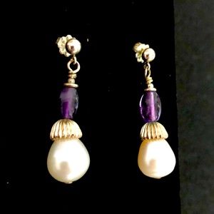 Handmade Purple and Pearl Drop Dangle Earrings